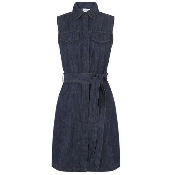 Warehouse Denim Mini Dress Sleeveless Tie Waist Pockets Dark Wash Size 6 Small - Picture 5 of 10